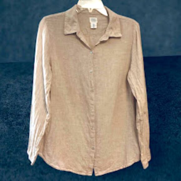 Sigrid Olsen Women's Linen Roll-tab Sleeve Button-up Shirt Top in Beige Medium - Picture 8 of 8